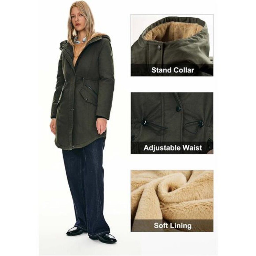 Women's Thicken Fleece Lined Parka Winter Coat Hooded Jacket with Pockets - Picture 3 of 7